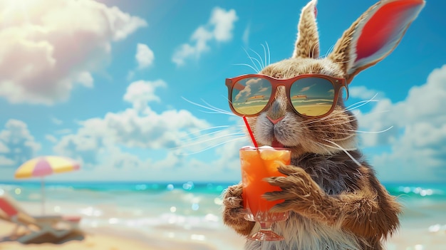 A cute bunny wearing sunglasses and enjoying a cocktail at the beach