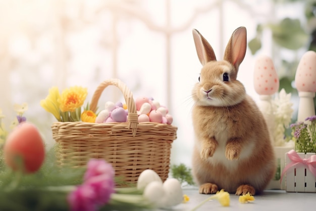 Cute bunny with basket Easter eggs and spring flowers on a light white background