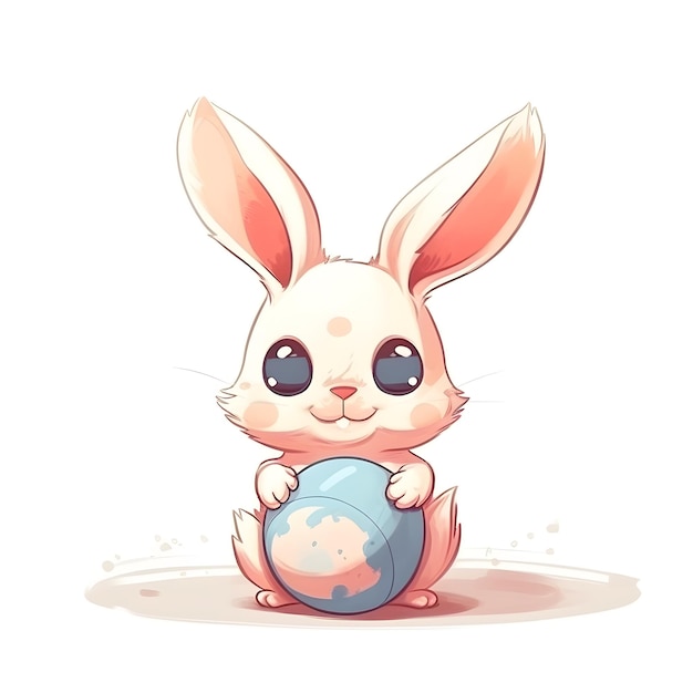 A cute bunny with a blue scarf and a blue sweater is sitting in a puddle