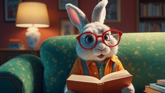 Cute bunny with a book in the room learning