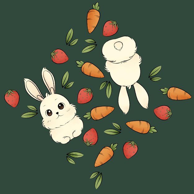 Photo cute bunny with carrot leaves and strawberry pattern cartoon with green background