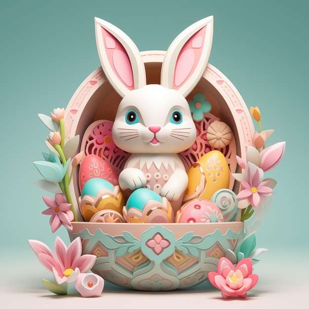 Cute bunny with colorful Easter eggs