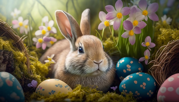 Cute Bunny with Eggs In Flower Spring holiday background Generative AI