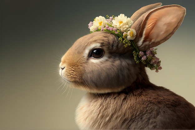 cute bunny with flower crown close up view generative AI