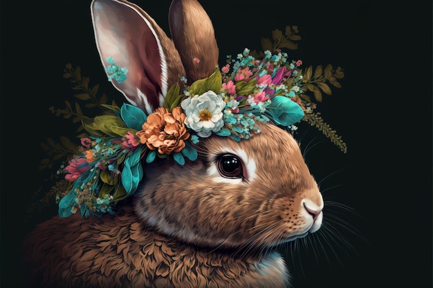 cute bunny with flower crown close up view generative AI