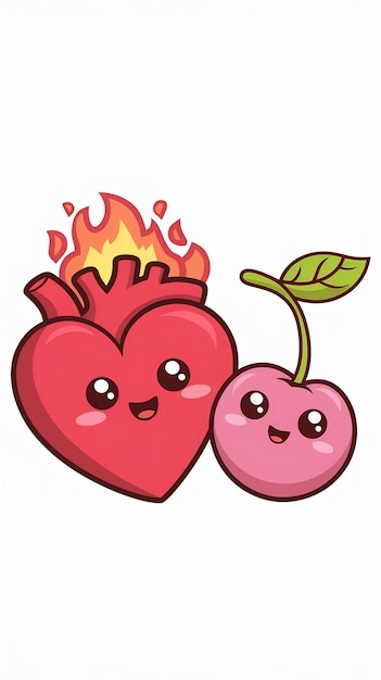 Cute burning heart and and sweet cherry in love cartoon style