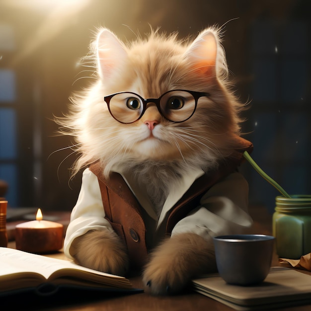 Cute business cat with glasses paramount light Graphics 2K HDR