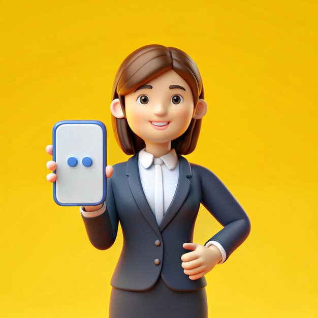 Cute business woman holding smartphone with message chat speech bubbles business concept icon or symbol on yellow background 3d rendering