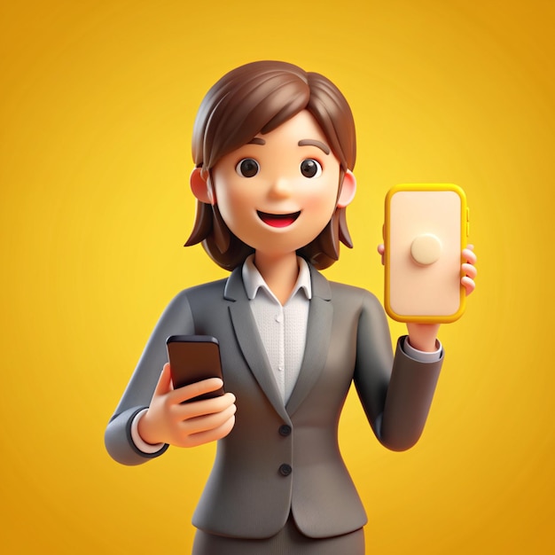 Cute business woman holding smartphone with message chat speech bubbles business concept icon or symbol on yellow background 3d rendering