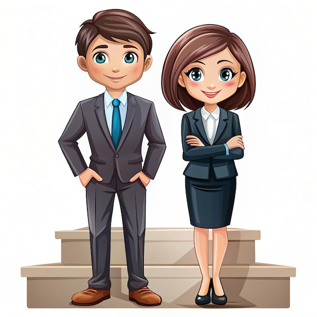 Cute businesswoman and businessman in suit successful stand on stairs characters cartoon art illustration