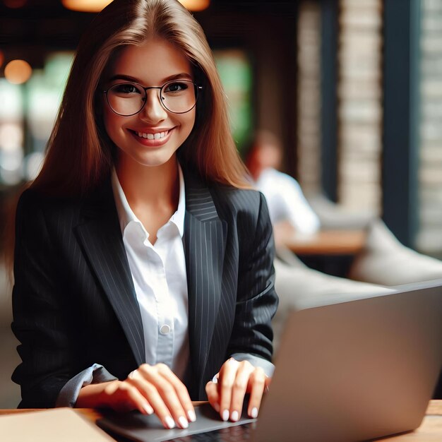 Cute Businesswoman with Laptop and Great Idea