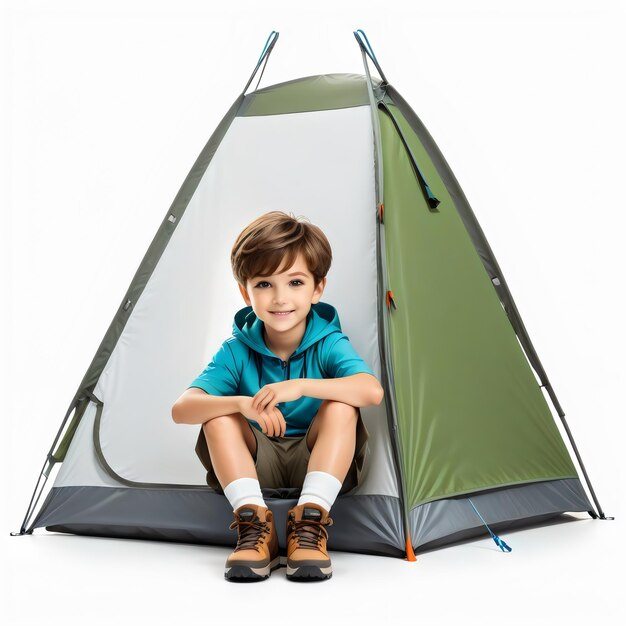 cute camping boy sitting on white background