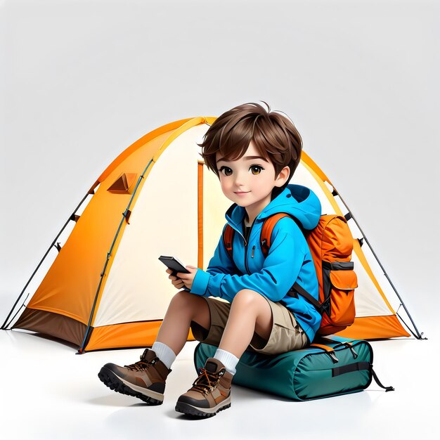 Photo cute camping boy sitting on white background