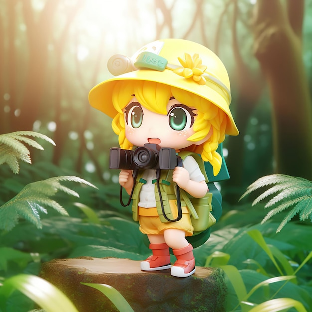 Cute camping girl with yellow hair in the forest generative ai