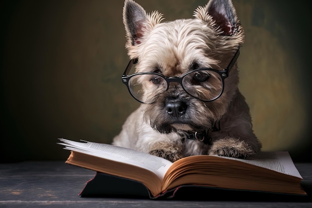 A cute canine is reading a book while wearing glasses