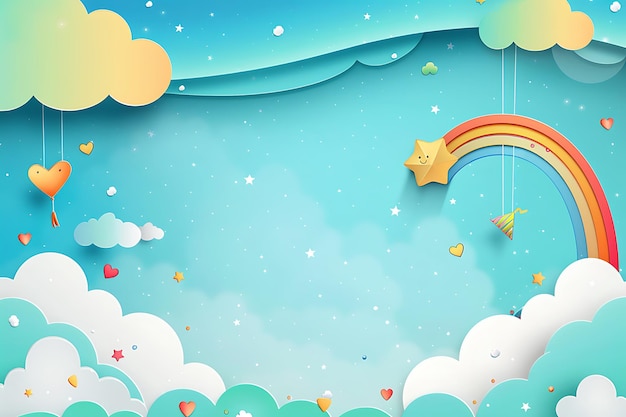 Cute card for childrens day card with clouds rainbow and kite