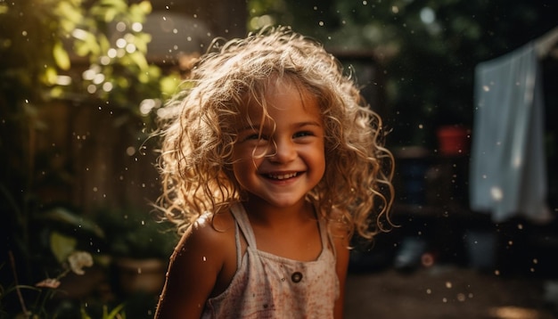 Cute carefree girl playing in wet nature generated by AI