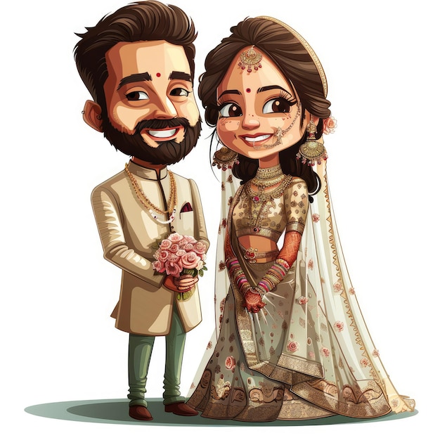 Cute caricature of indian wedding couple standing full pose in vector style art with white backgroun