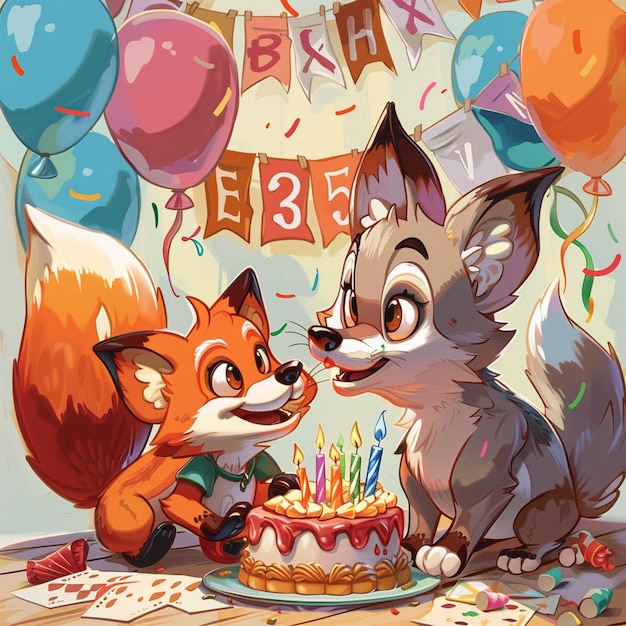 A cute carton fox and wolf celebration birthday