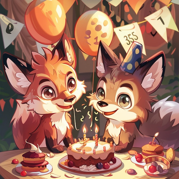 A cute carton fox and wolf celebration birthday