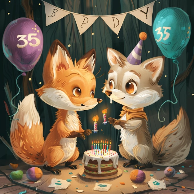 A cute carton fox and wolf celebration birthday