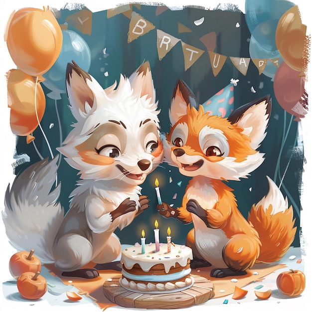 A cute carton fox and wolf celebration birthday