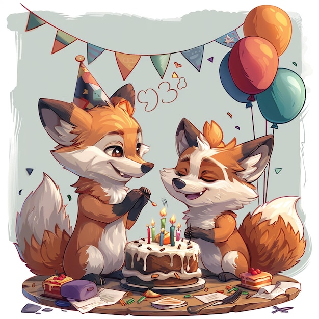 A cute carton fox and wolf celebration birthday