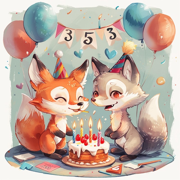 A cute carton fox and wolf celebration birthday