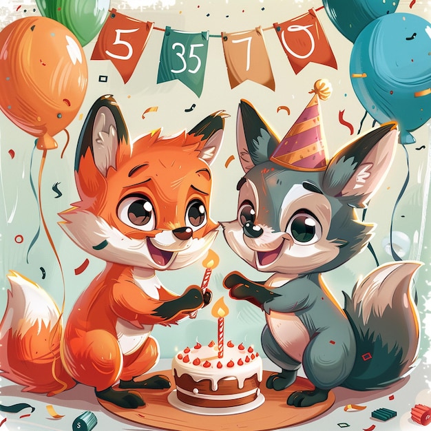 A cute carton fox and wolf celebration birthday