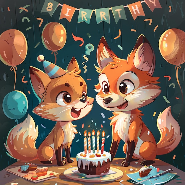 A cute carton fox and wolf celebration birthday