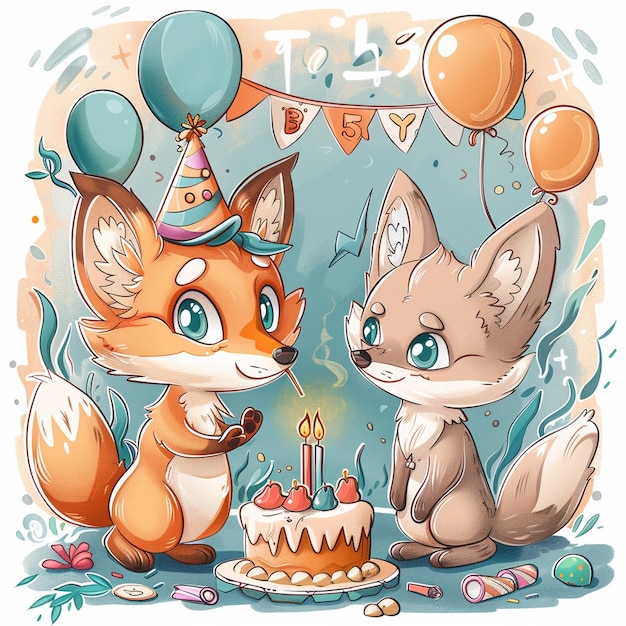 A cute carton fox and wolf celebration birthday