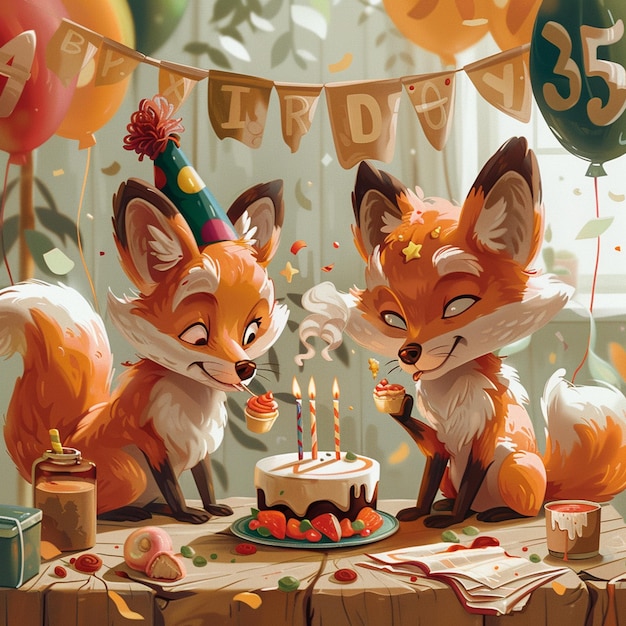 A cute carton fox and wolf celebration birthday