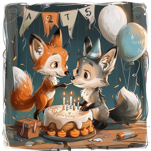 A cute carton fox and wolf celebration birthday