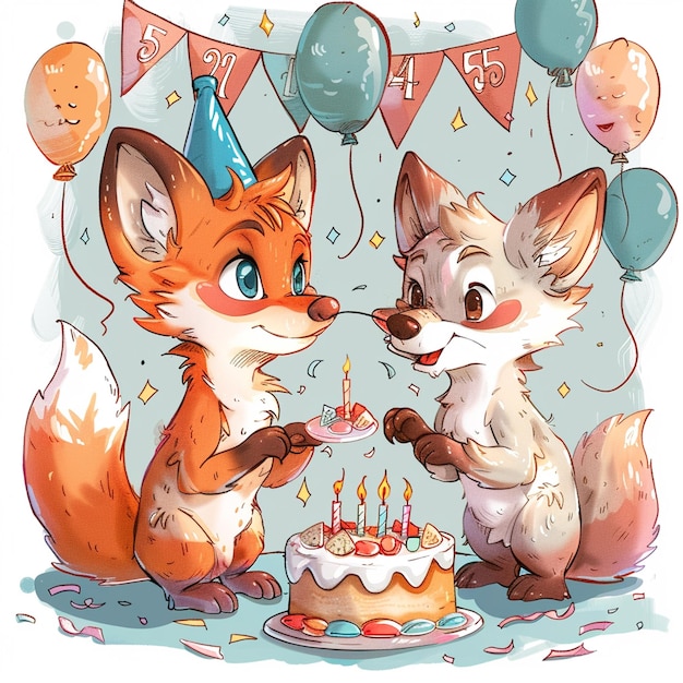 A cute carton fox and wolf celebration birthday