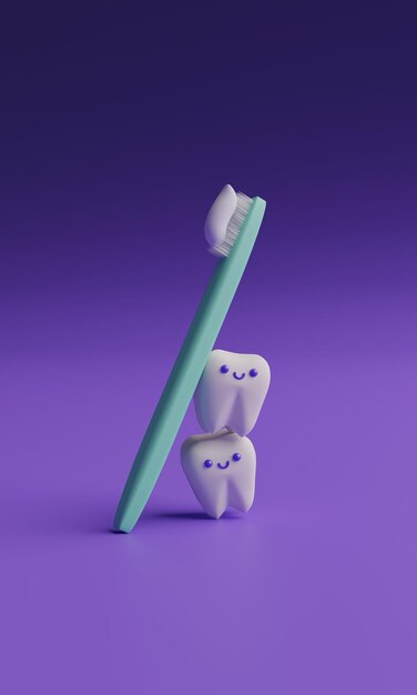 Cute cartoon 3D tooth and toothbrush render