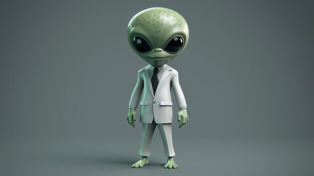 A cute cartoon alien in a white suit and tie stands against a gray background