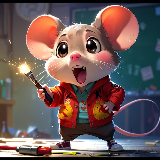 Cute cartoon animal 3d art style bokeh background Stylized little mouse smiling and pointing