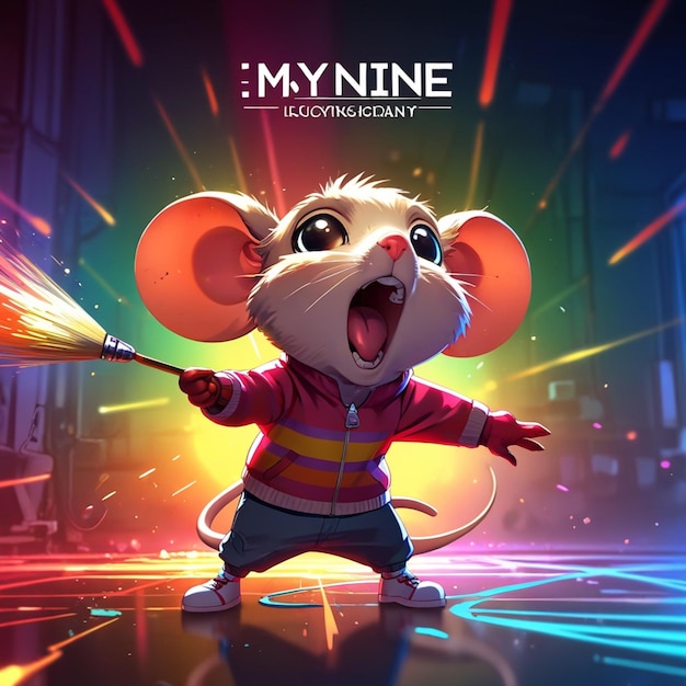 Cute cartoon animal 3d art style bokeh background Stylized little mouse smiling and pointing