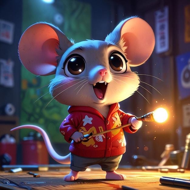 Cute cartoon animal 3d art style bokeh background Stylized little mouse smiling and pointing