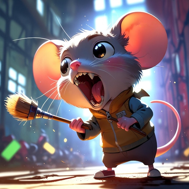 Cute cartoon animal 3d art style bokeh background Stylized little mouse smiling and pointing