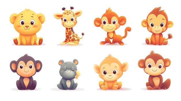 Photo cute cartoon animal characters set