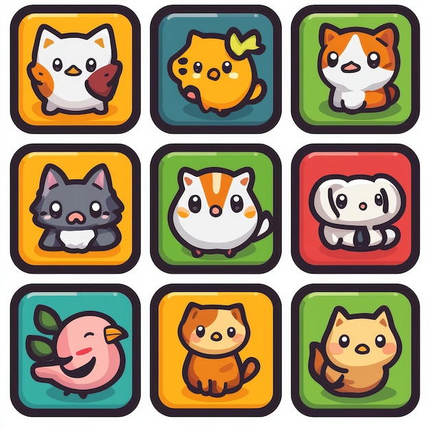 Cute Cartoon Animal Icons in Colorful Squares