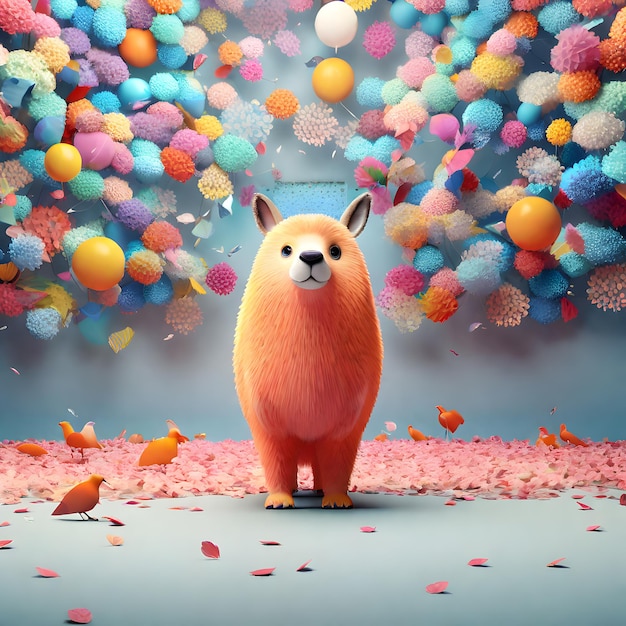 Photo cute cartoon animal with fuzzy orange fur standing in front of a colorful balloon wall concept of celebration playfulness joy and happiness