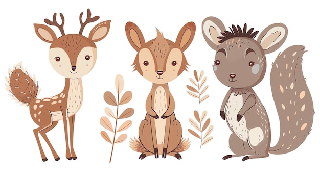 Cute cartoon animals a deer a fawn and a squirrel