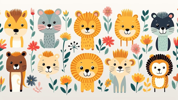 Cute Cartoon Animals and Flowers on White Background