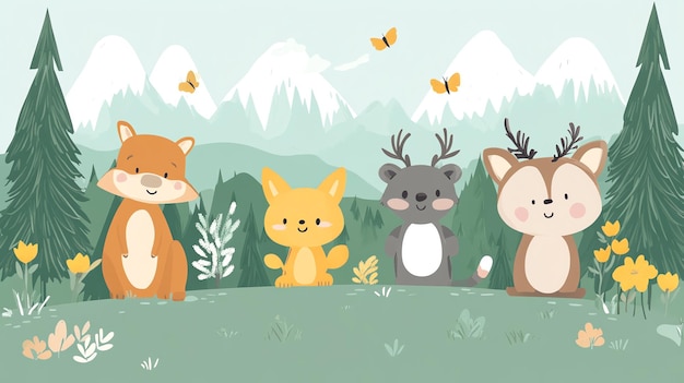 Photo cute cartoon animals in a forest with mountains in the background