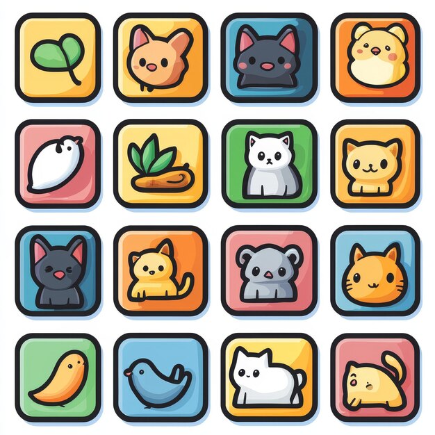 Cute Cartoon Animals Icons Set App Design Illustration