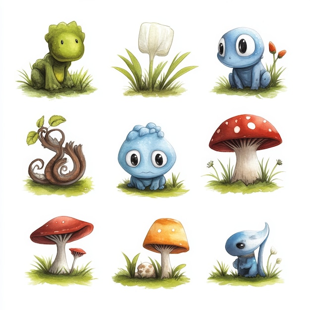 Photo cute cartoon animals and mushrooms watercolor illustration