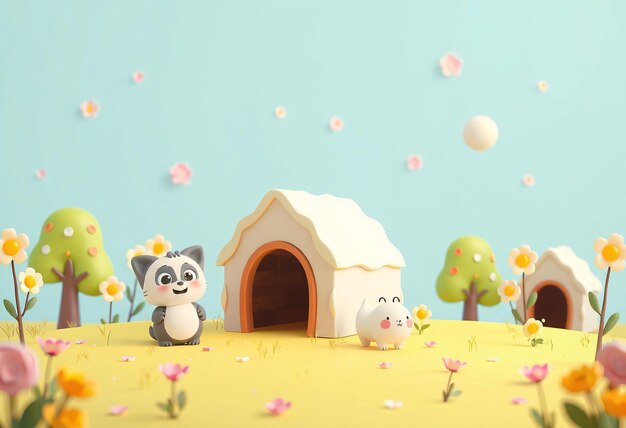 Photo cute cartoon animals playing in a flower field