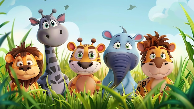 Cute cartoon animals standing in grass looking at the camera